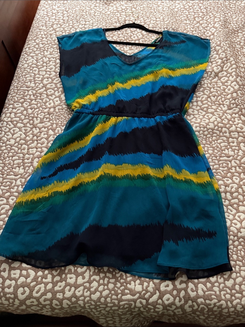 Express Teal, Blue & Yellow Patterned V-Neck Dress